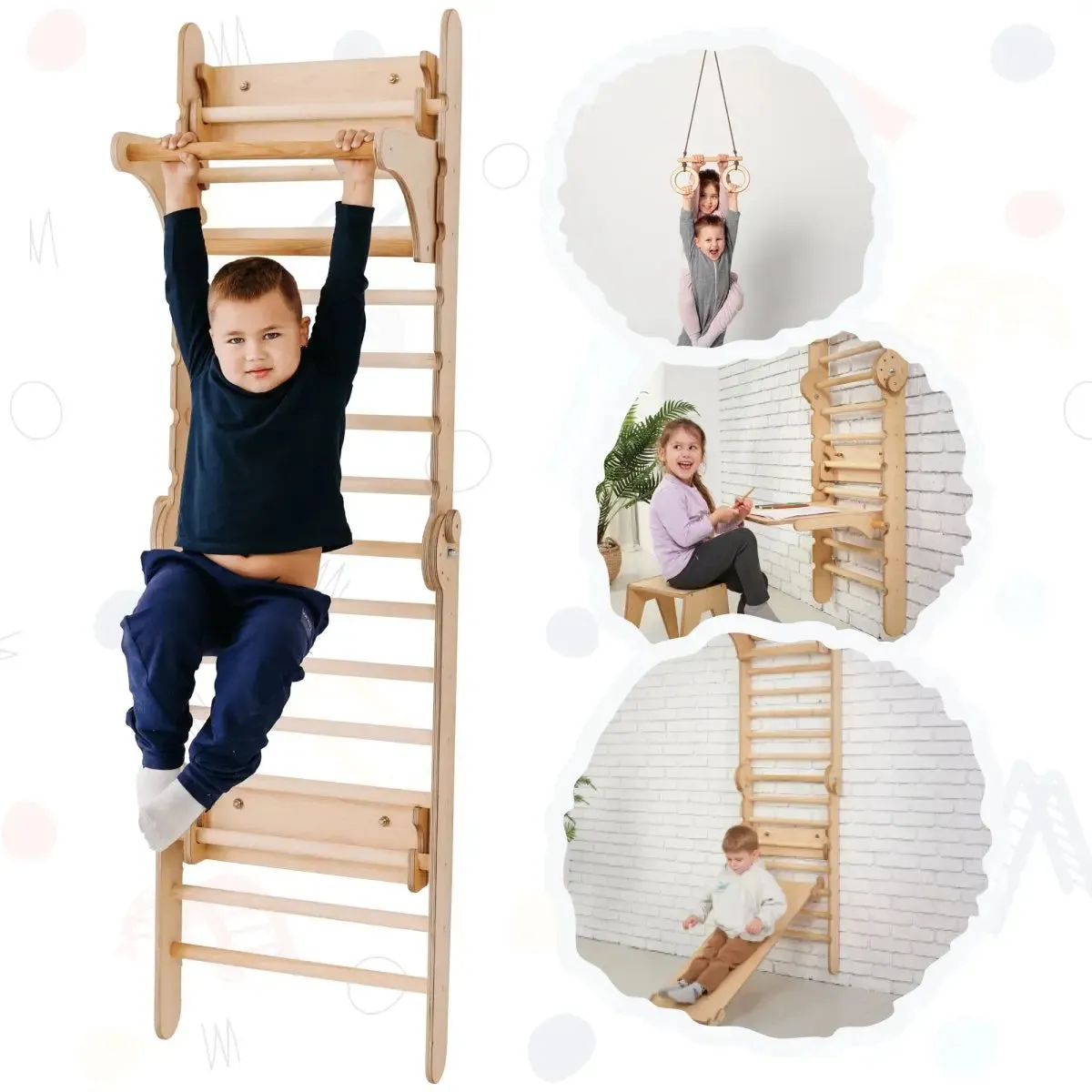 4in1 Wooden Swedish Wall / Climbing ladder for Children   Swing Set   Slide Board   Art Add-on