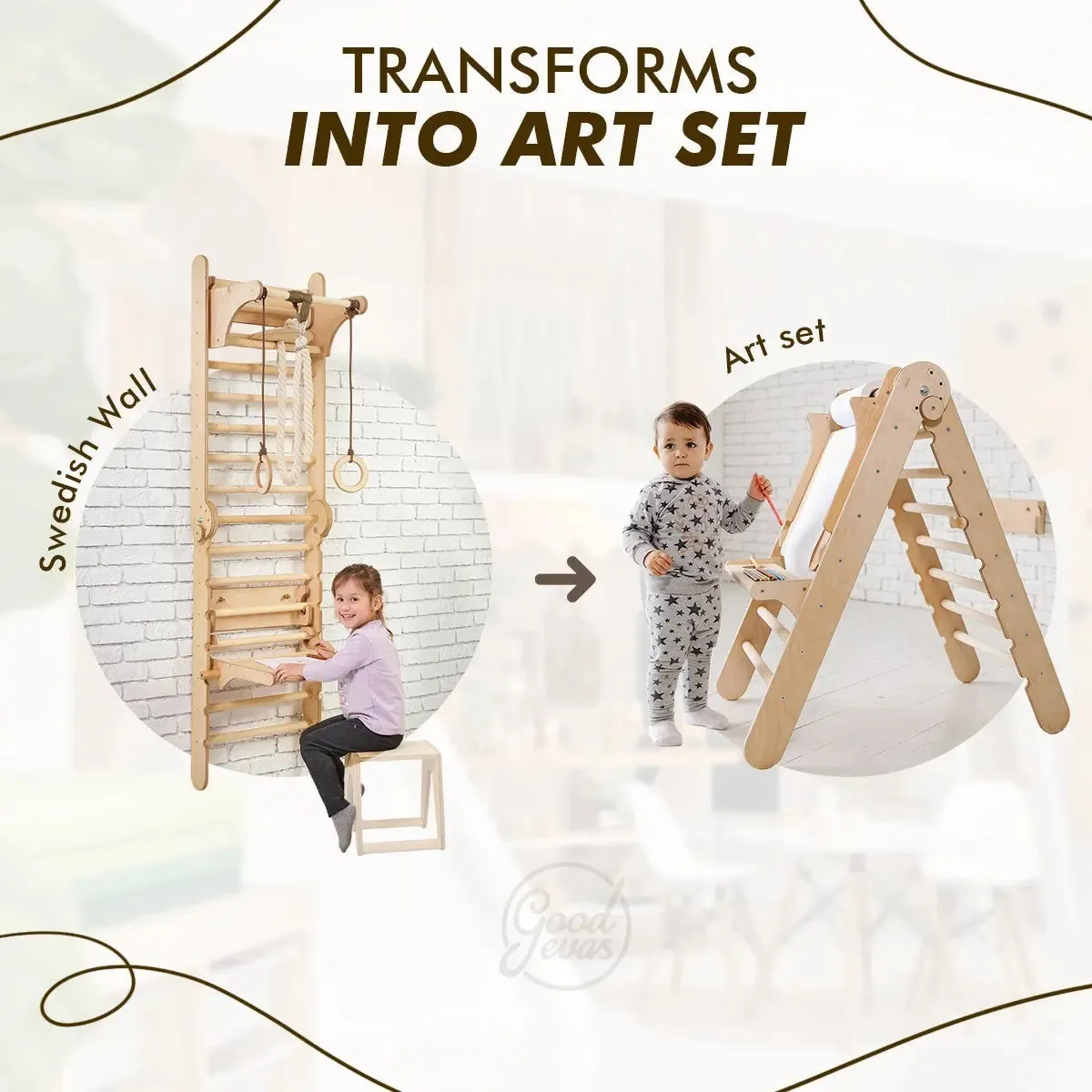 4in1 Wooden Swedish Wall / Climbing ladder for Children   Swing Set   Slide Board   Art Add-on