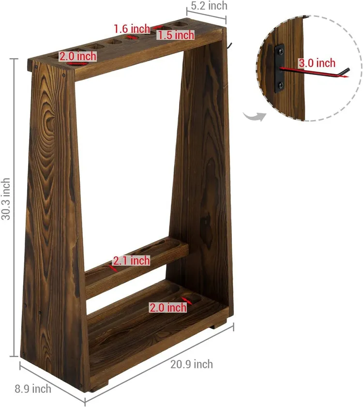 Burnt Brown Wood Freestanding Billiards Accessories Rack, Floor Standing Pool Cue Holder, Ball Shelf, and Triangle Hook