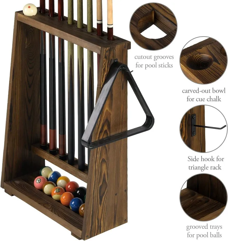 Burnt Brown Wood Freestanding Billiards Accessories Rack, Floor Standing Pool Cue Holder, Ball Shelf, and Triangle Hook