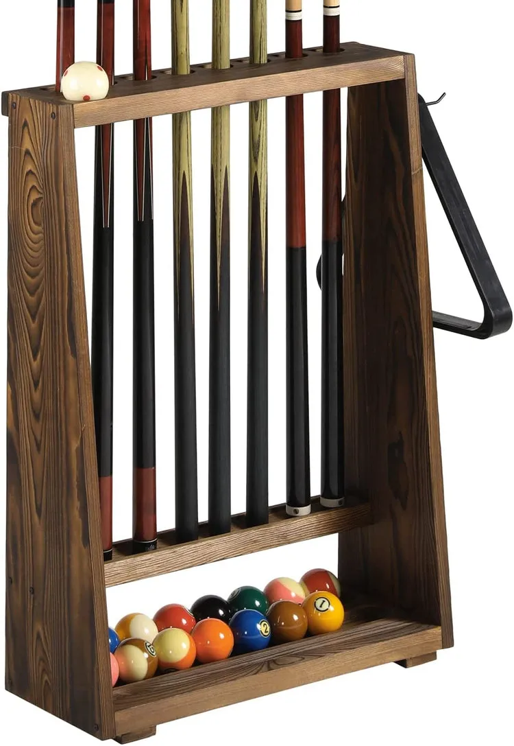Burnt Brown Wood Freestanding Billiards Accessories Rack, Floor Standing Pool Cue Holder, Ball Shelf, and Triangle Hook
