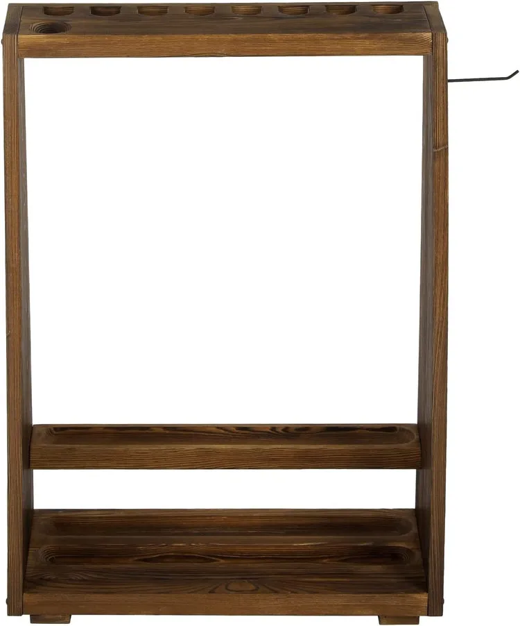 Burnt Brown Wood Freestanding Billiards Accessories Rack, Floor Standing Pool Cue Holder, Ball Shelf, and Triangle Hook