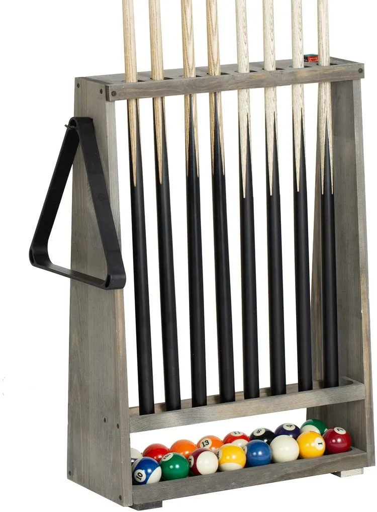 Freestanding Billiards Storage Rack, Gray Wood Floor Standing Pool Cue Holder, Ball Storage, Triangle Rack Hanging Hook