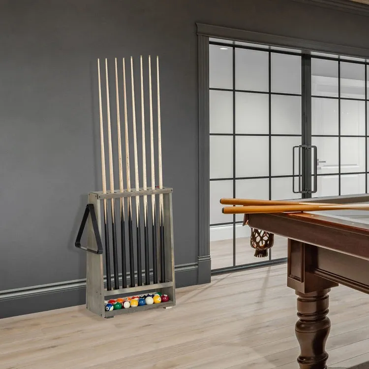 Freestanding Billiards Storage Rack, Gray Wood Floor Standing Pool Cue Holder, Ball Storage, Triangle Rack Hanging Hook