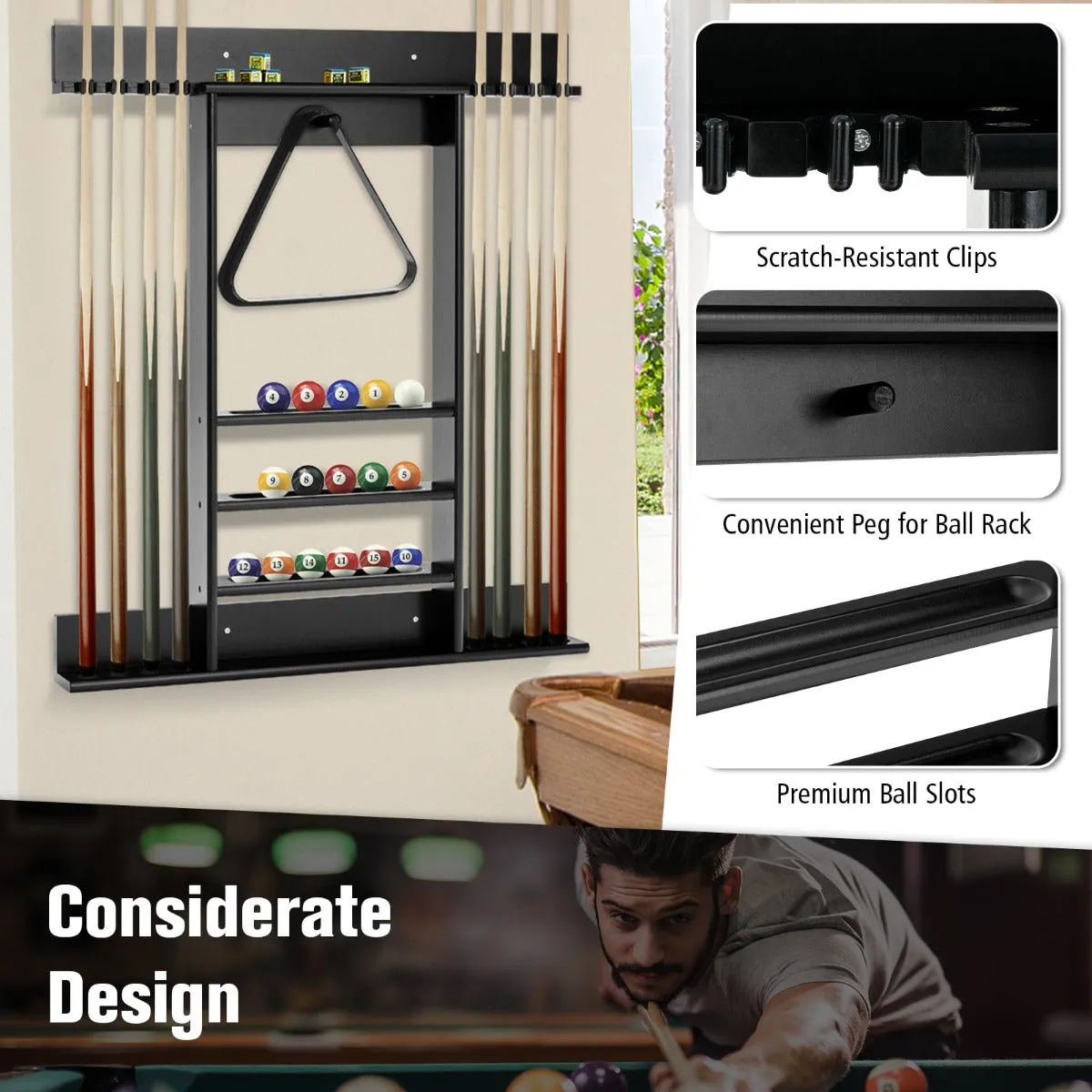 NNECW Wall Mounted Billiard Stick Holder for Club/Bar-Black