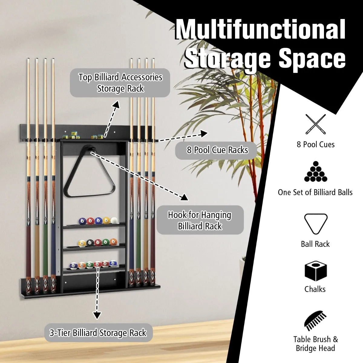 NNECW Wall Mounted Billiard Stick Holder for Club/Bar-Black