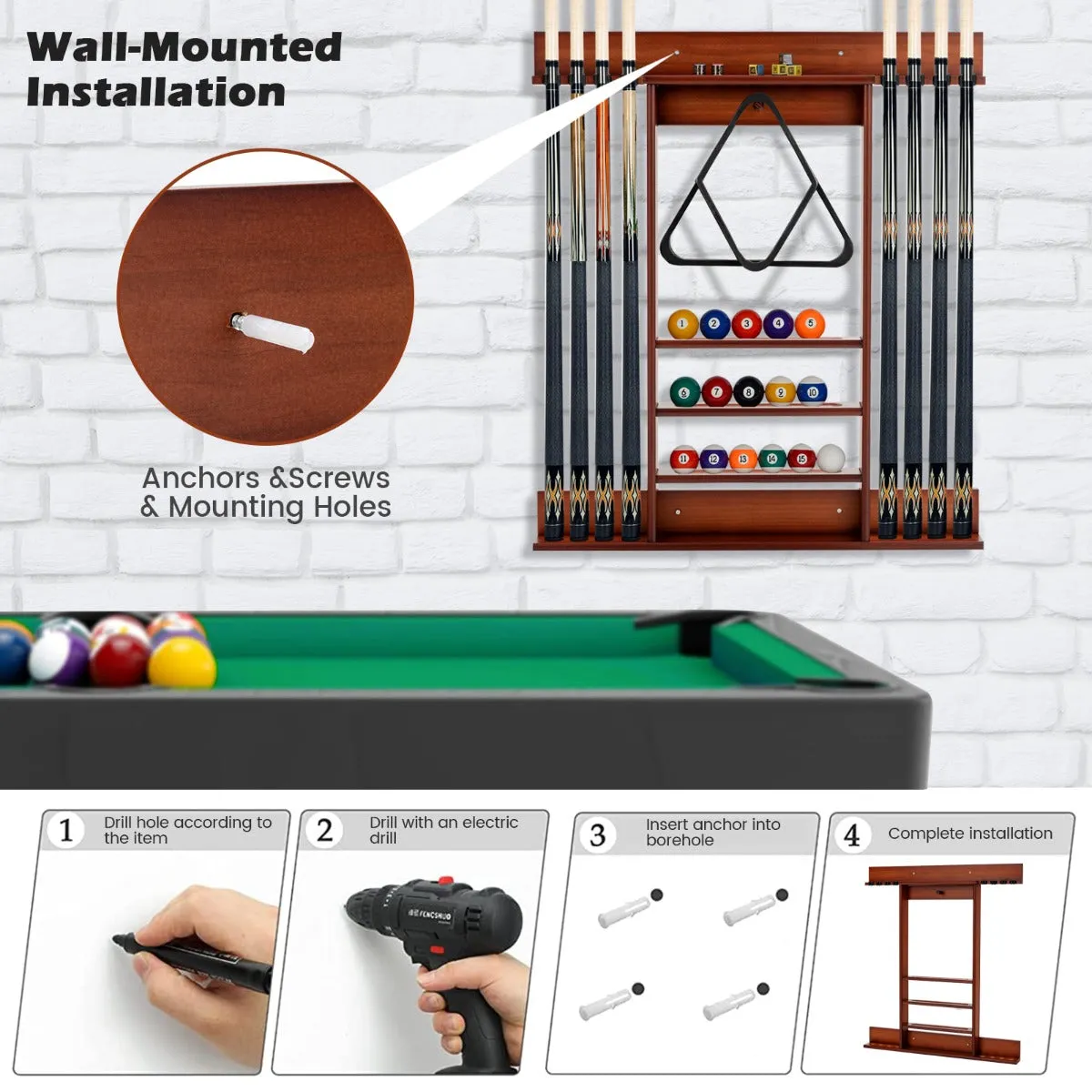 NNECW Wall Mounted Billiard Stick Holder for Club/Bar