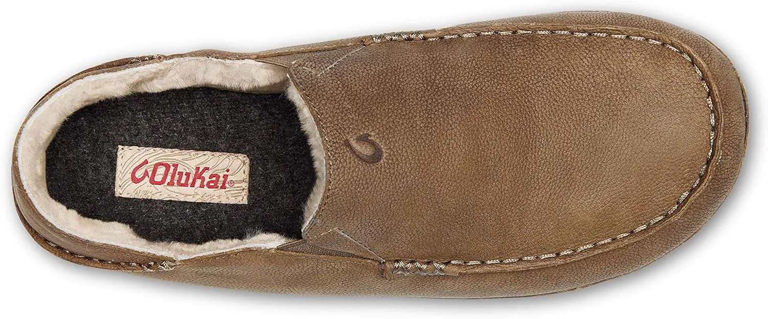 OLUKAI Kipuka Hulu Men's Leather Slippers, Premium Nubuck Leather Slip On Shoes, Shearling Lining & Gel Insert, Drop-In Heel Design