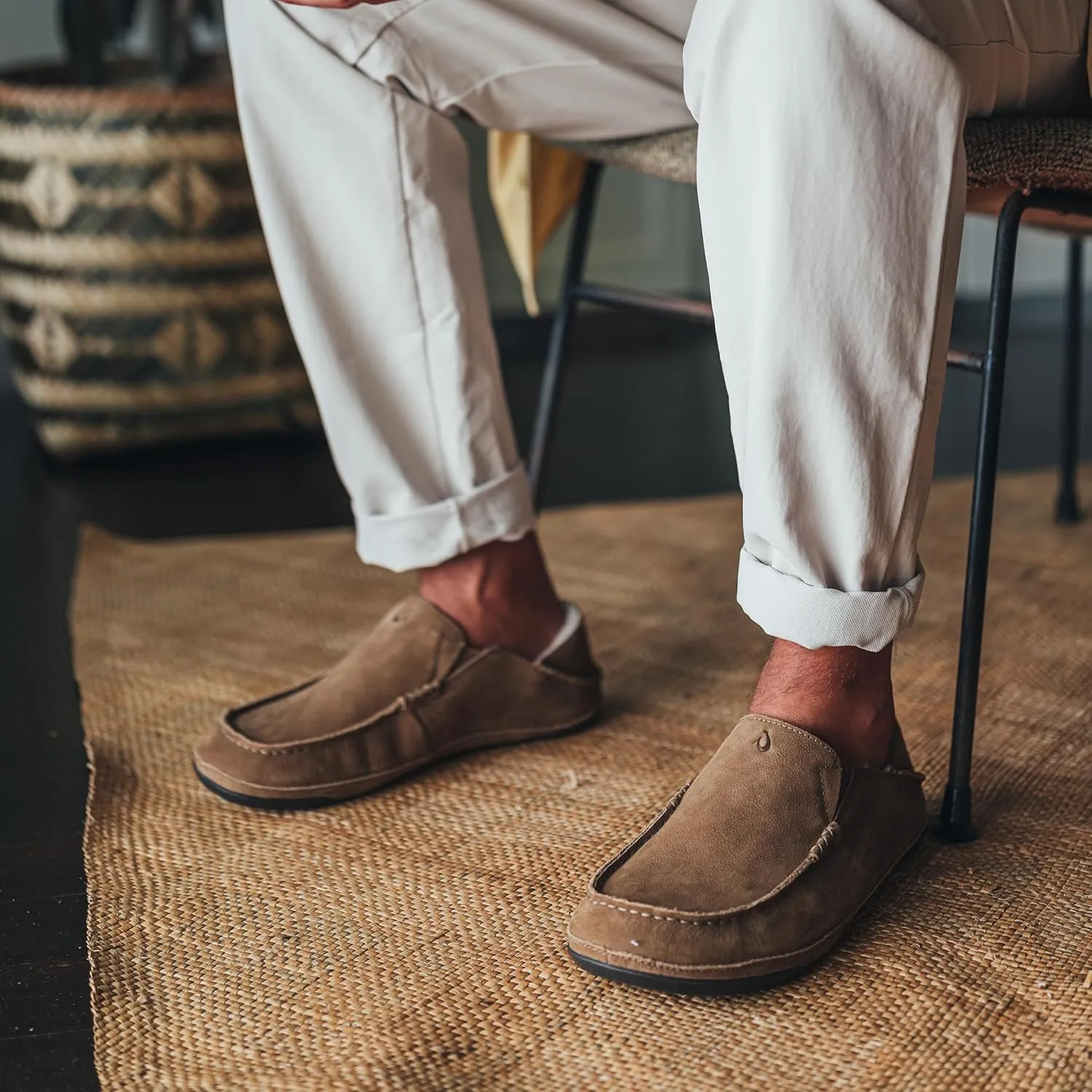 OLUKAI Kipuka Hulu Men's Leather Slippers, Premium Nubuck Leather Slip On Shoes, Shearling Lining & Gel Insert, Drop-In Heel Design