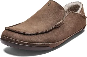 OLUKAI Kipuka Hulu Men's Leather Slippers, Premium Nubuck Leather Slip On Shoes, Shearling Lining & Gel Insert, Drop-In Heel Design