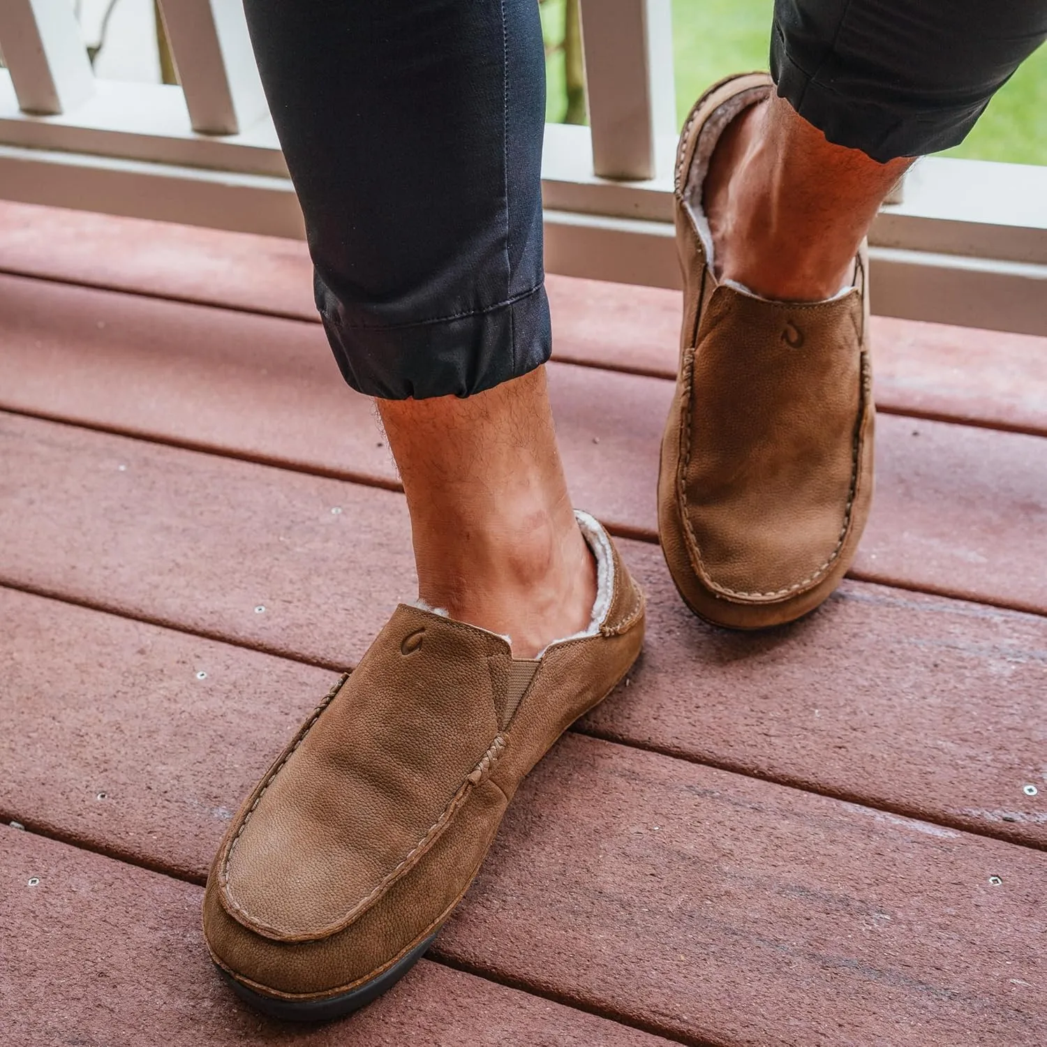 OLUKAI Kipuka Hulu Men's Leather Slippers, Premium Nubuck Leather Slip On Shoes, Shearling Lining & Gel Insert, Drop-In Heel Design