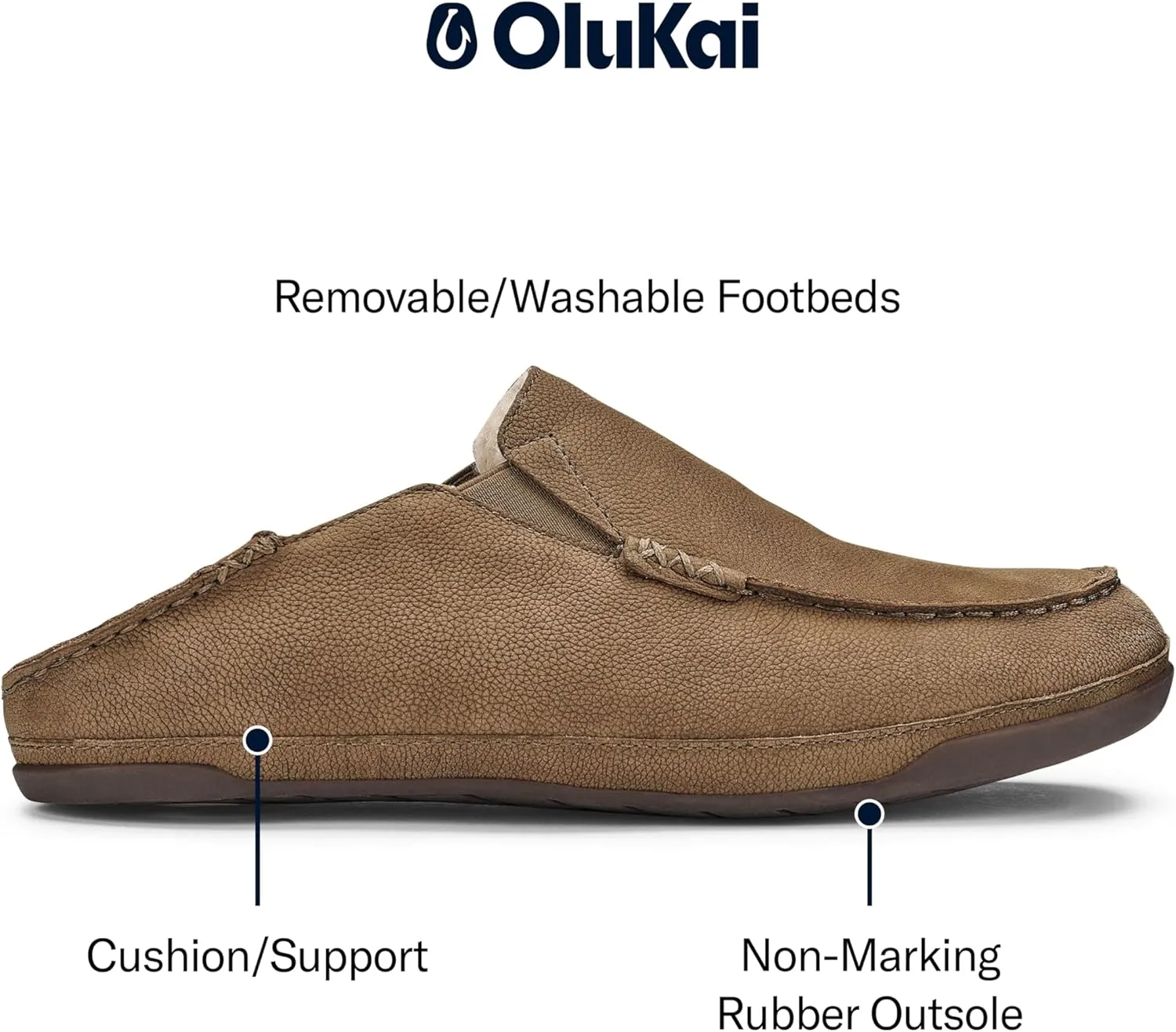 OLUKAI Kipuka Hulu Men's Leather Slippers, Premium Nubuck Leather Slip On Shoes, Shearling Lining & Gel Insert, Drop-In Heel Design