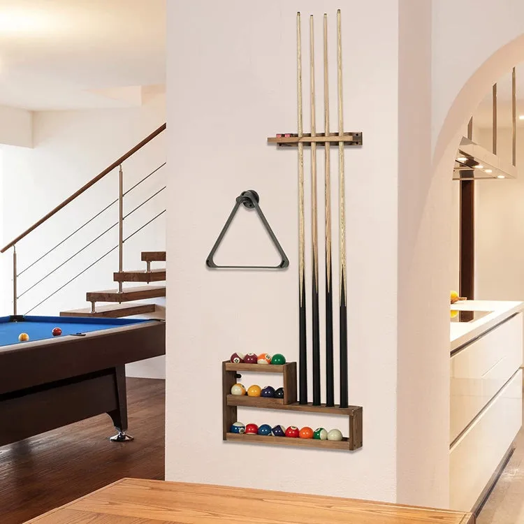 Pool Cue Rack Set, Burnt Wood Billiards Cue Stand Wall Mount Holder, Ball Storage with Pipe Triangle Rack Hanging Hook