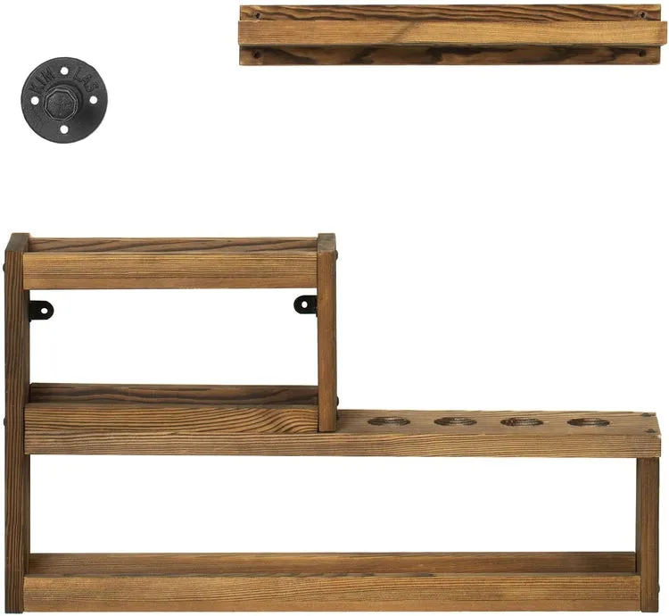 Pool Cue Rack Set, Burnt Wood Billiards Cue Stand Wall Mount Holder, Ball Storage with Pipe Triangle Rack Hanging Hook