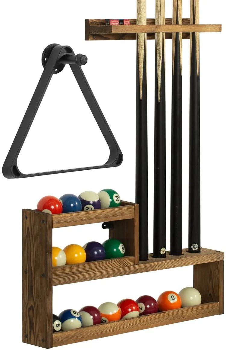 Pool Cue Rack Set, Burnt Wood Billiards Cue Stand Wall Mount Holder, Ball Storage with Pipe Triangle Rack Hanging Hook