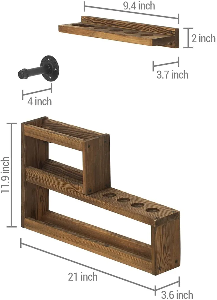 Pool Cue Rack Set, Burnt Wood Billiards Cue Stand Wall Mount Holder, Ball Storage with Pipe Triangle Rack Hanging Hook