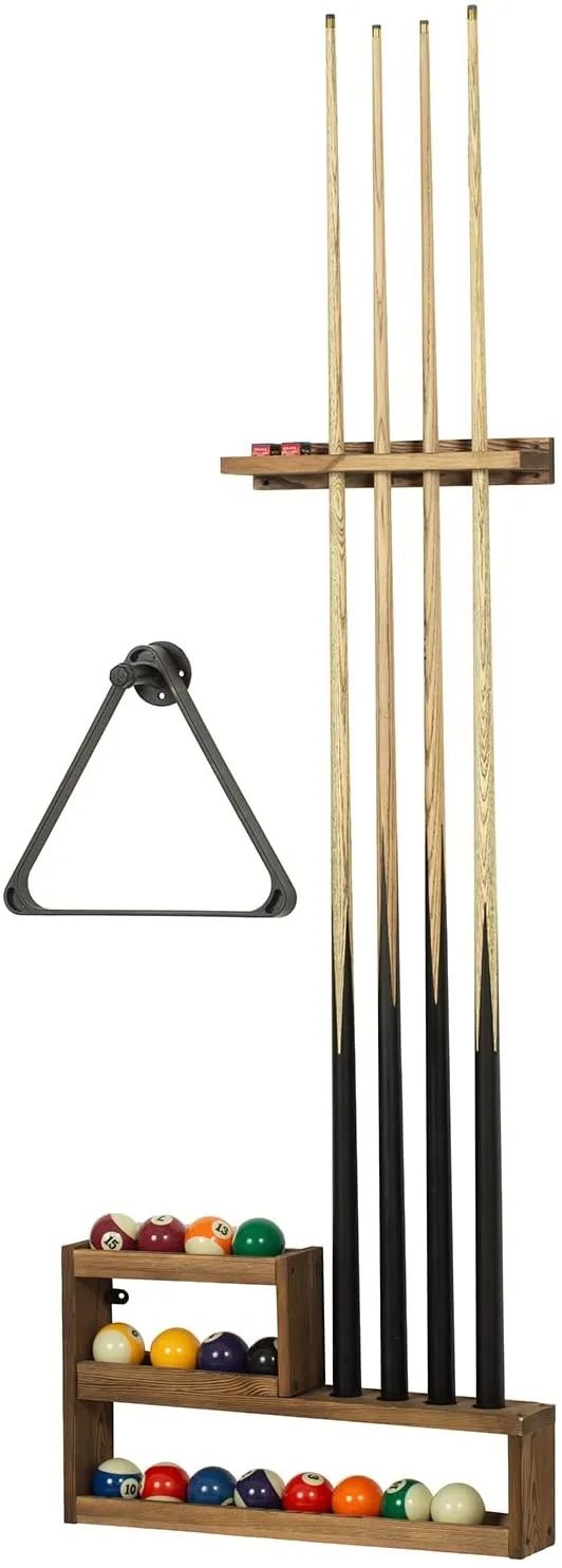 Pool Cue Rack Set, Burnt Wood Billiards Cue Stand Wall Mount Holder, Ball Storage with Pipe Triangle Rack Hanging Hook